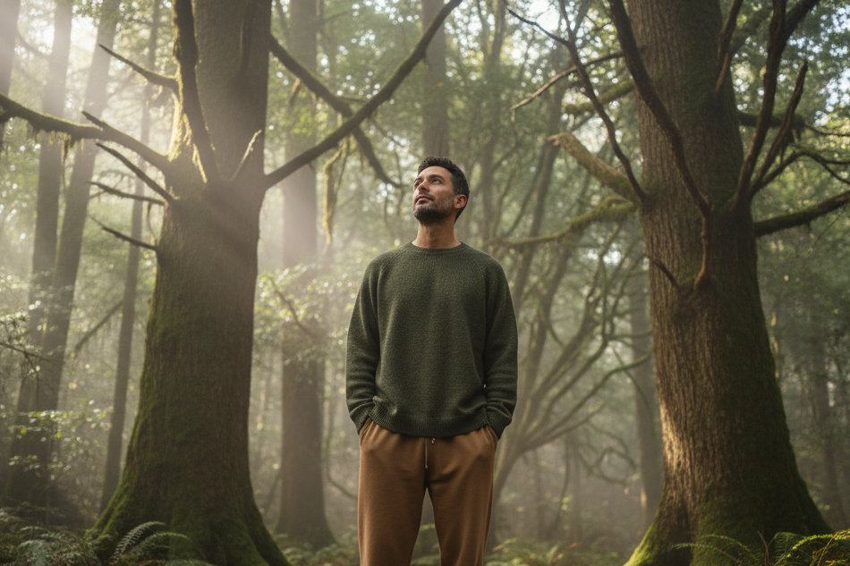 Man wearing earth toned sweatshirt and sweatpants in the forest